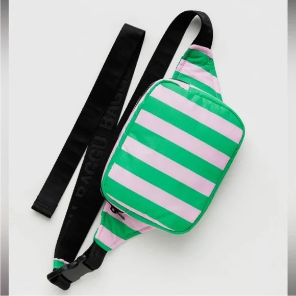 NWT BAGGU Awning Stripe Puffy Fanny Pack Pink Green - Picture 1 of 6